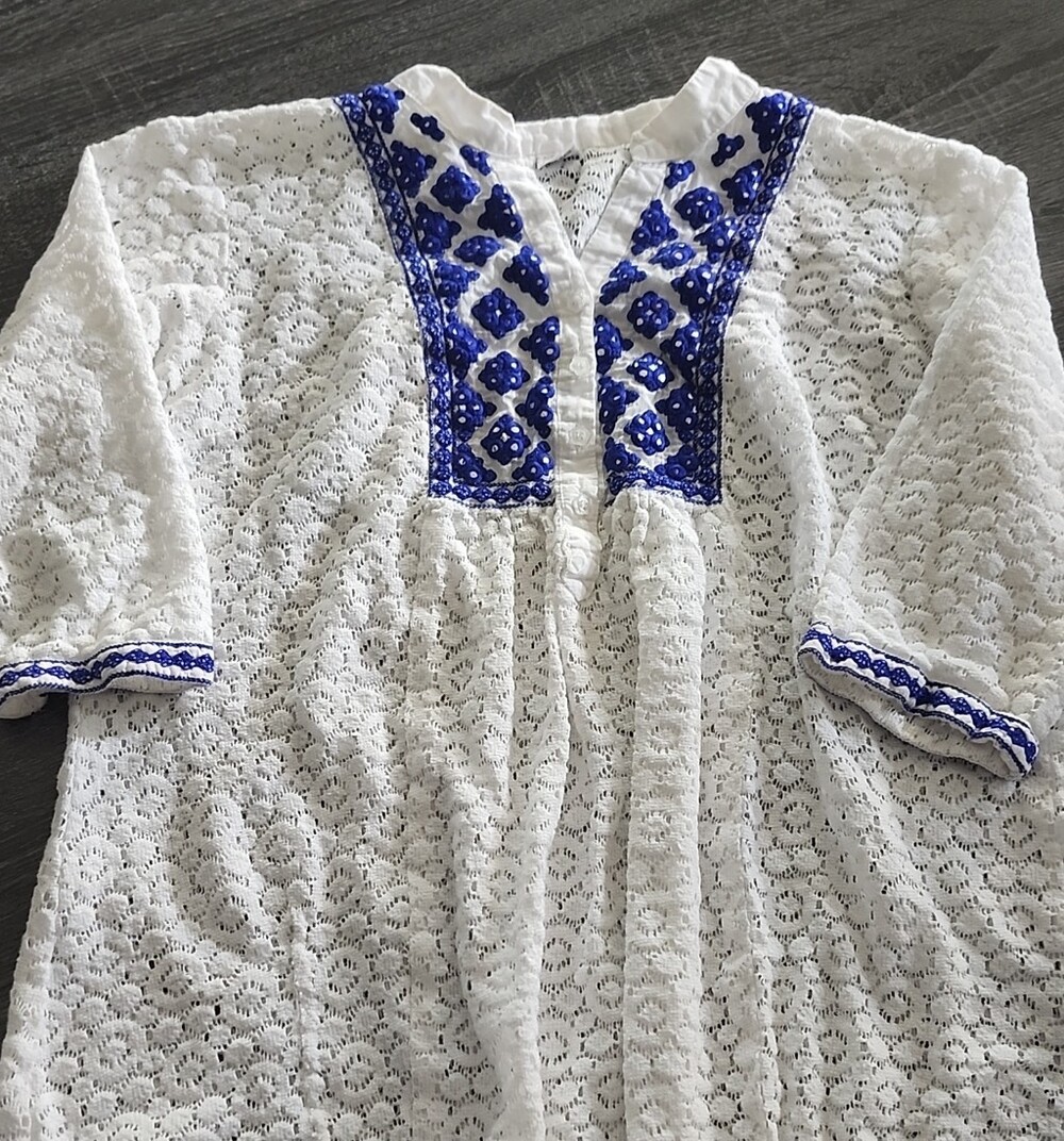 Boho M/L White Cotton  Lace Tunic with Blue Embroidery